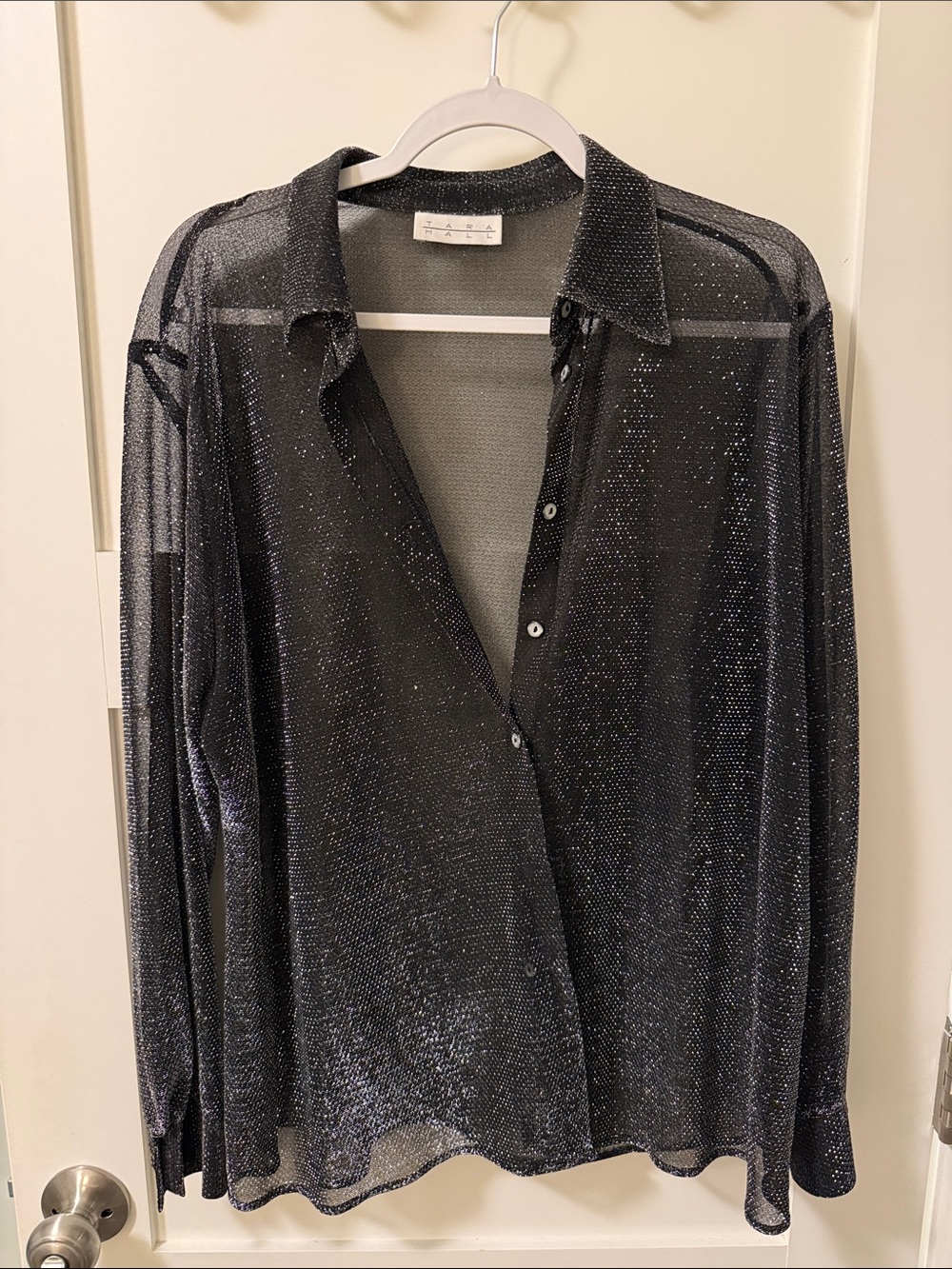 Metallic Sheer Button-Down Blouse - Black